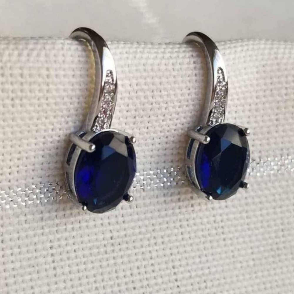 New 925 Silver Oval Cut Blue Sapphire Diamond Hook Earrings for Women
